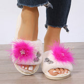 Rhinestone Embrellished Fluffy Flat Slippers Oshnow